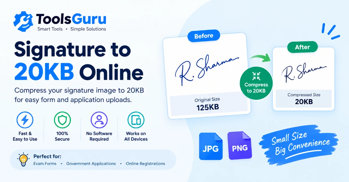 Signature to 20KB online tool showing before and after signature image compression